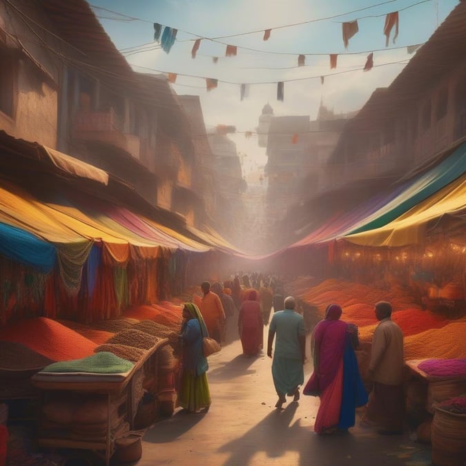 Immerse yourself in the kaleidoscope of colors and cultures at this bustling market. The image captures the essence of a traditional marketplace, where vibrant textiles and lively street food vendors come together to create a sensory experience.