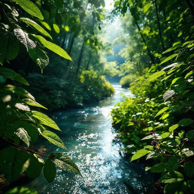 A tranquil nature scene featuring a clear, shallow forest stream surrounded by lush greenery.