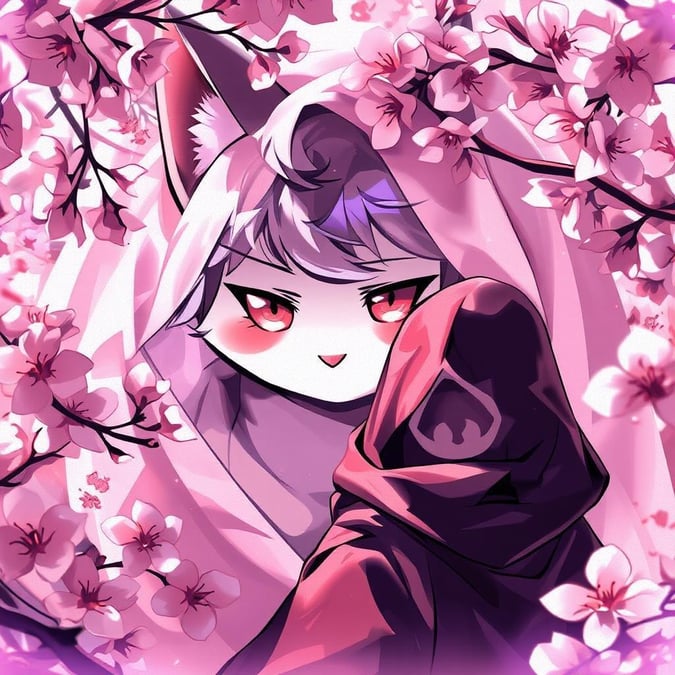 En lekfull animeillustration av en busig kitsune som tittar fram bakom en slöja av körsbärsblommor. Scenen pryds dessutom av en fantasifull figur i förgrunden, vilket bidrar till den drömlika atmosfären.