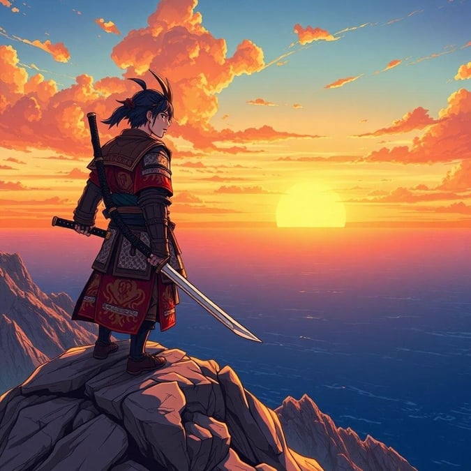 Immerse yourself in the breathtaking beauty of this anime-style sunset wallpaper, featuring a young samurai standing atop a majestic mountain, gazing out at the vast ocean as the sky transforms into a kaleidoscope of warm orange and yellow hues.