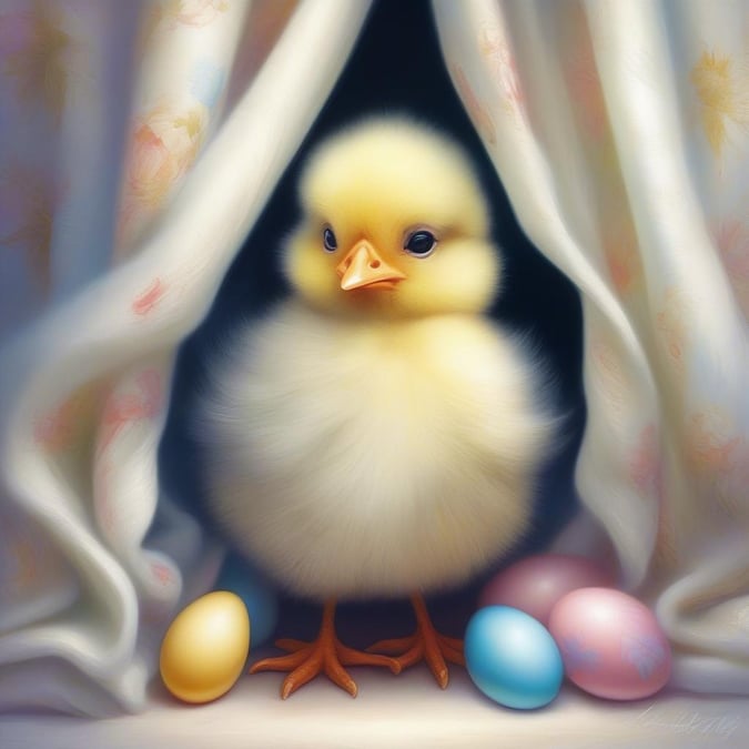 Adorable chick peeking out with colorful Easter eggs around, perfect for Easter celebrations.