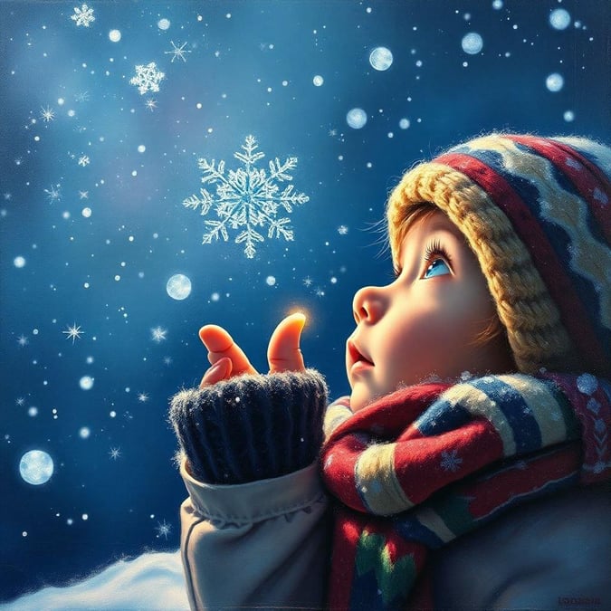 A joyful winter scene with snowflakes gently falling, and the sweet anticipation of Christmas. A young child dreaming of a bright holiday season.