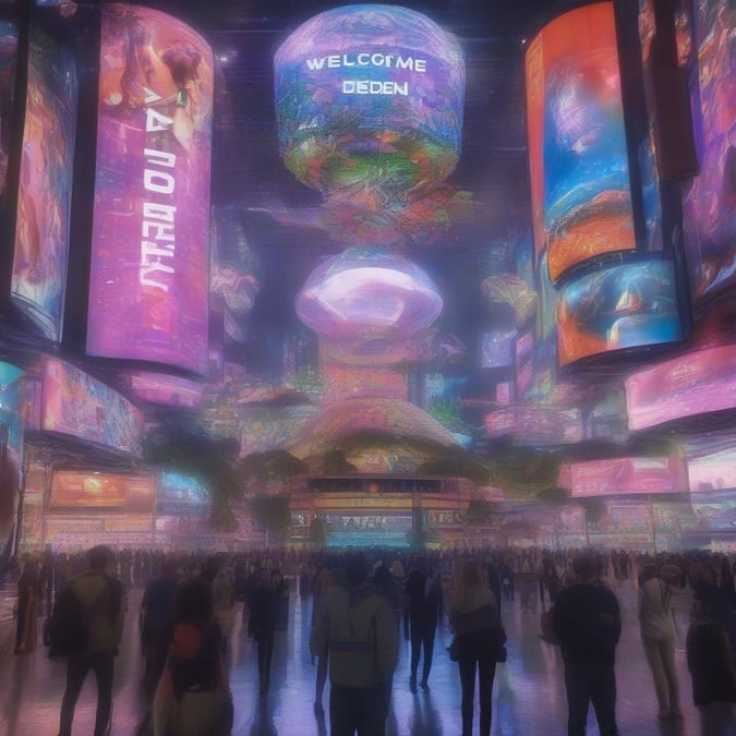 Vibrant neon lights illuminate the busy marketplace. The digital billboards display messages from distant planets, and the crowd is a mix of shoppers and travelers.