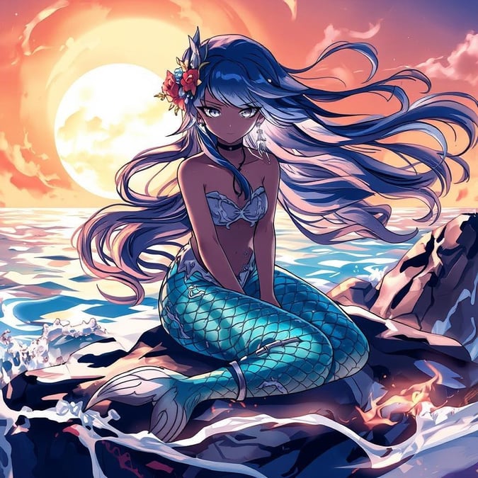 A captivating anime illustration of a mermaid serenely seated on a rocky outcropping at sunset. Her long hair gently flows in the sea breeze, adding to the ethereal ambiance.