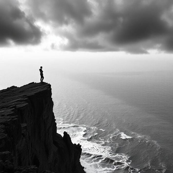 A solitary figure stands atop a rugged black and white cliff, gazing out over the vast ocean. The contrast between the man's dark silhouette and the light gray sky adds a dramatic touch to this serene landscape.