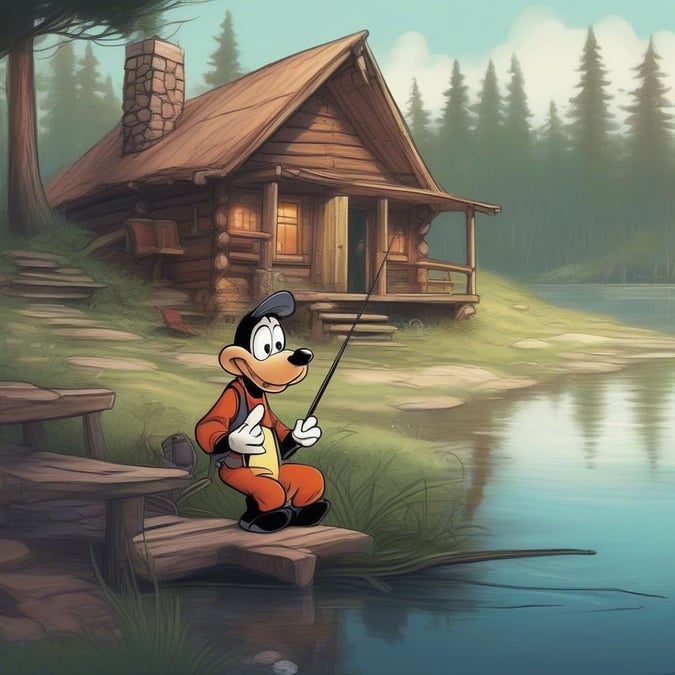 Mickey Mouse enjoys a peaceful moment by the lake, fishing for a catch. The serene surroundings include a rustic log cabin and lush green trees under an overcast sky.