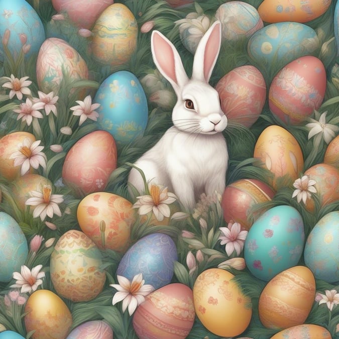 A whimsical Easter scene with a bunny surrounded by a bunch of colorful, patterned eggs.