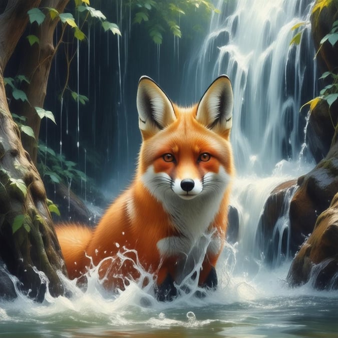 Step into the serene world of anime with this captivating wallpaper, where a majestic fox emerges from behind a waterfall in a lush forest. The vibrant orange and yellow fur of the fox, combined with the tranquil atmosphere, creates a sense of enchantment that will transport you to a world of wonder.