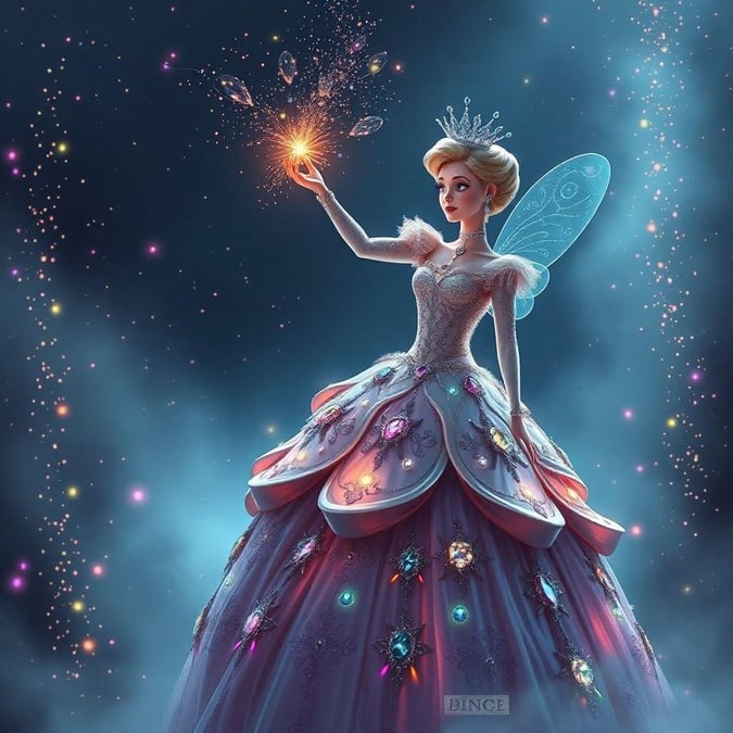 Belle, a princess from Disney's 'Beauty and the Beast', soars high among the stars in this magical wallpaper. Her dress, adorned with glowing jewels and fairy wings, sparkles against the starry backdrop. The night sky forms an enchanting background as she casts a spell of her own making.