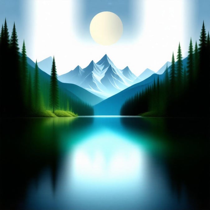 A serene mountain landscape with clear blue water, tall trees, and the sun setting behind a majestic mountain peak.