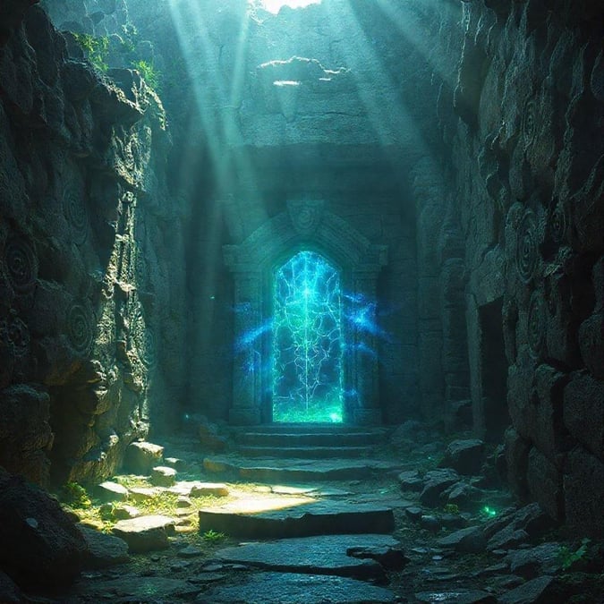 This fantasy portal image is perfect for anyone who loves adventure and fantasy. The image features a glowing blue portal in the middle of a dark forest, surrounded by mist and mysterious trees. It's a great wallpaper for desktop and mobile use, and it's sure to transport you to another world.