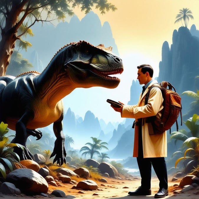 This fantasy wallpaper features a man standing next to a dinosaur in a fantastical world. The man is dressed in a long coat and backpack, and the dinosaur is large and menacing. The background is a rocky landscape with palm trees and a sunset.