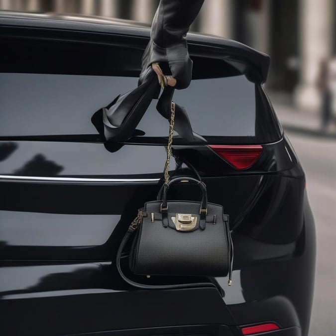 This scene captures the essence of luxury and elegance. A hand is delicately opening a sleek, black car door to reveal a stylish, oversized purse. The image encapsulates the glamour associated with fashion and high-end products.