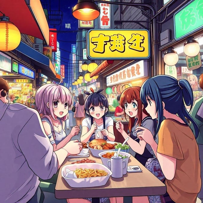 A group of anime characters enjoy a meal together on the streets, creating a warm, friendly atmosphere that captures the essence of camaraderie and shared experiences.