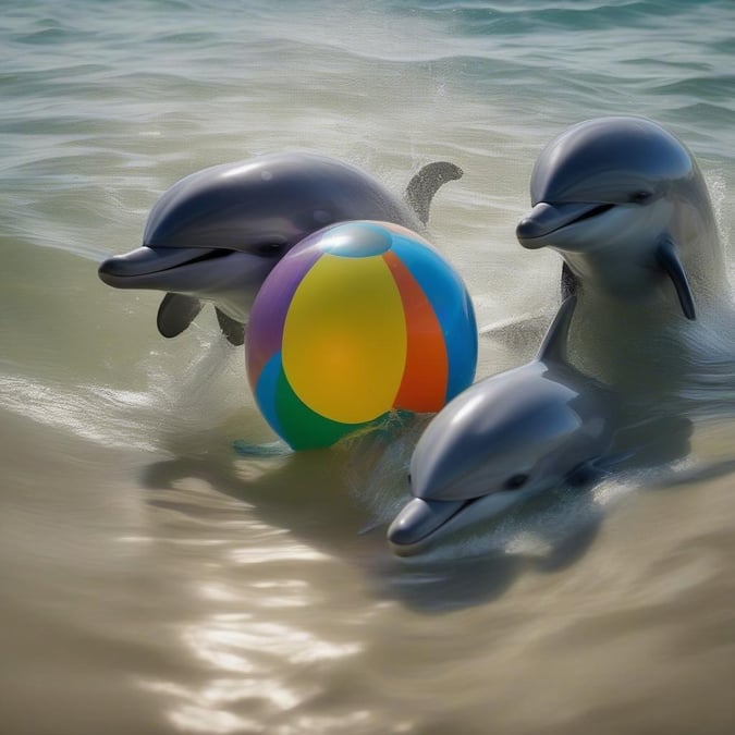 Three dolphins in the ocean, frolicking together with a colorful beach ball.