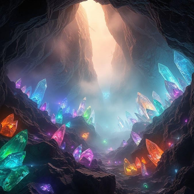 Enter the fantastical world of precious gems hidden within a mysterious cavern. The cave is filled with vibrant jewels in hues of blue, green, purple, pink, and yellow, illuminating the dark surroundings and casting an ethereal glow on the rocky walls.