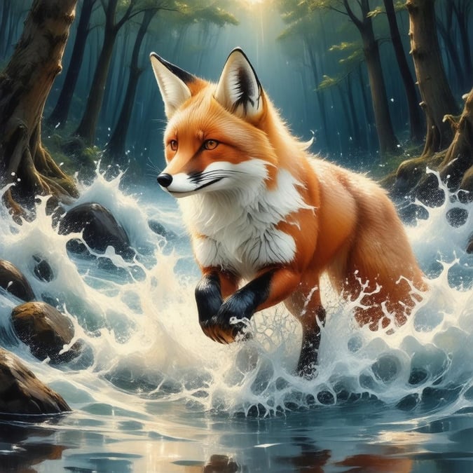 A fox spirit embarks on a thrilling journey through the ancient Japanese forest, riding a wave of water with grace and courage. The detailed artwork captures the essence of anime-inspired adventure.