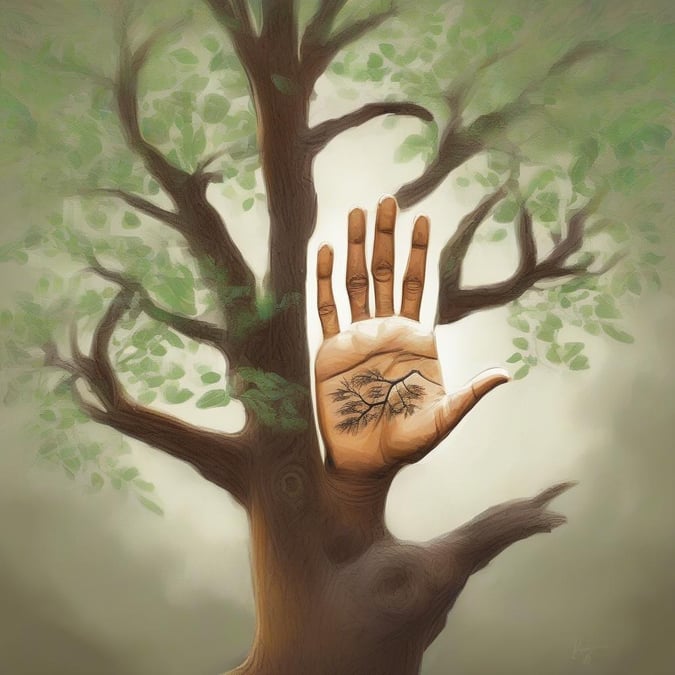 A tranquil Father's Day image featuring a hand gently touching a tree, symbolizing the connection between fathers and nature.