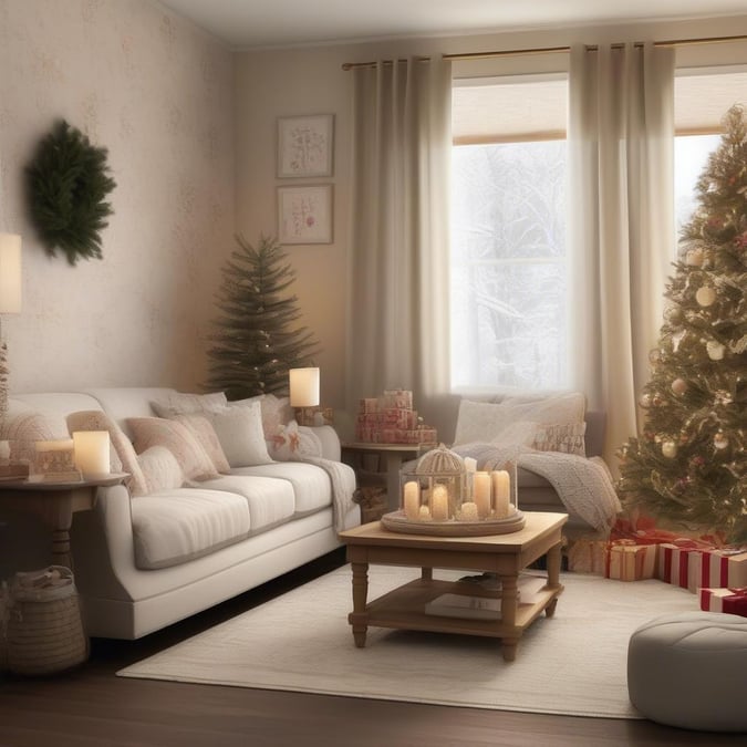 This wallpaper captures the essence of a warm and inviting Christmas living room, perfect for the holiday season. The image features a beautifully decorated tree, comfortable seating, and warm lighting, creating a cozy atmosphere that's ideal for relaxation and celebration.