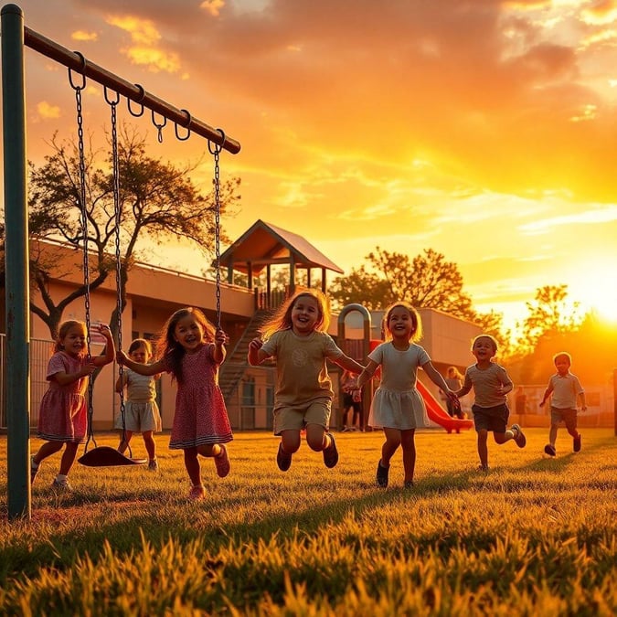 A group of young children enjoying a sunny day at the playground during their after school hours. The vibrant colors and golden light cast shadows that suggest it's late afternoon.