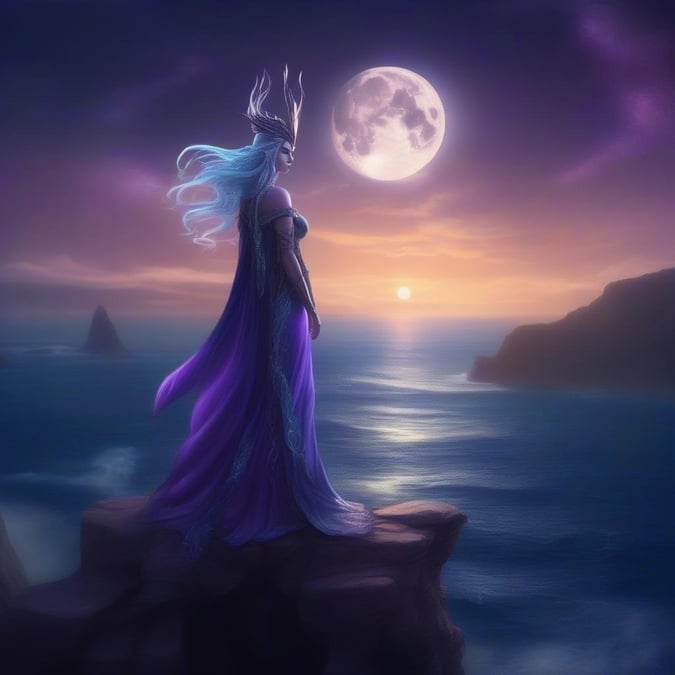 This fantasy wallpaper features a serene goddess standing on a cliff overlooking the ocean as the sun sets in the background. The goddess has long, flowing hair and is dressed in a flowing purple gown, with a majestic crown on her head. The sky is painted with hues of orange, pink, and purple, creating a breathtaking sunset scene.