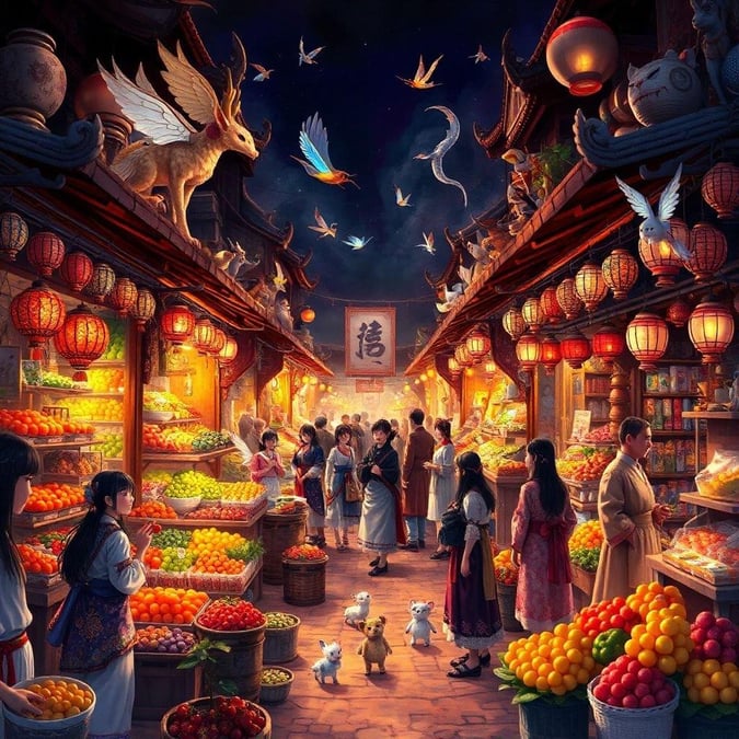 This captivating anime illustration transports you to a bustling marketplace, where mythical creatures and people come together in a vibrant celebration of culture and tradition.