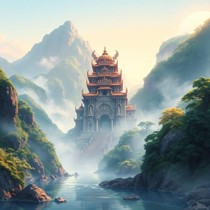 Immerse yourself in the mystical world of anime with this captivating wallpaper featuring an intricately designed temple nestled in a lush mountain range. The temple's carvings and arches evoke a sense of ancient wisdom, while the misty atmosphere adds an air of mystery. The serene river in the foreground and the soft blue sky in the background create a harmonious balance, inviting you to explore the depths of this enchanting scene.