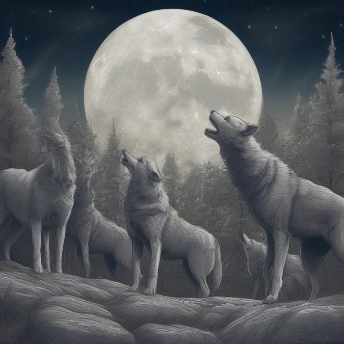 This stunning wallpaper features a pack of wolves howling at the moon in a serene forest setting. The image captures the beauty and majesty of these animals in their natural habitat.