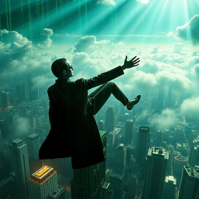 An intense cityscape with futuristic elements, as a man appears to be floating above the skyscrapers.