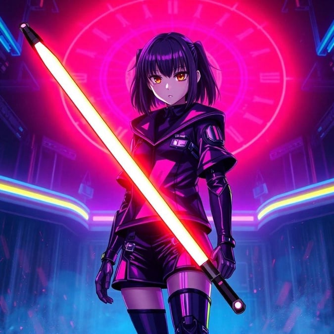 Get ready to unleash your inner anime fan with this stunning wallpaper featuring a futuristic schoolgirl wielding a massive laser sword. The neon-lit scene is packed with action and intensity, making it perfect for fans of the genre.