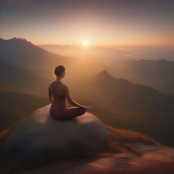 A woman in yoga pose on a mountain peak at sunrise, with the landscape awakening in the background. Ideal for desktop and mobile wallpaper to inspire and promote wellness.