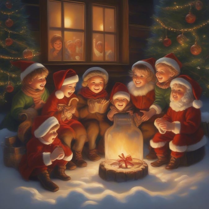 A cheerful group of children in Santa costumes share a joyous holiday moment around a warm winter fireplace.