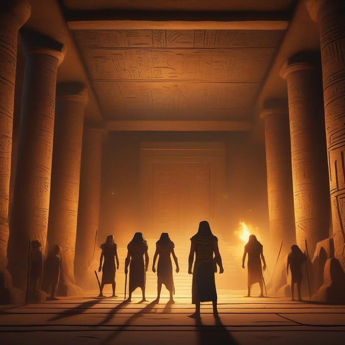 Embark on an adventurous journey through the mysterious ancient Egyptian ruins. This fantastical wallpaper captures a group of brave explorers at the entrance to a forgotten temple, bathed in the eerie glow of torches against the backdrop of towering stone columns.