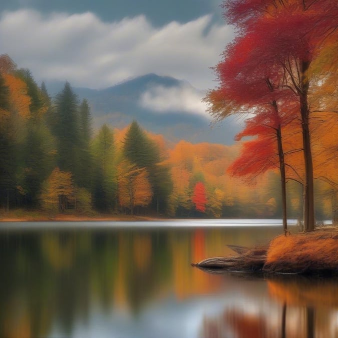 A picturesque autumn scene with a tranquil lake, vibrant trees, and majestic mountains under a cloudy sky.