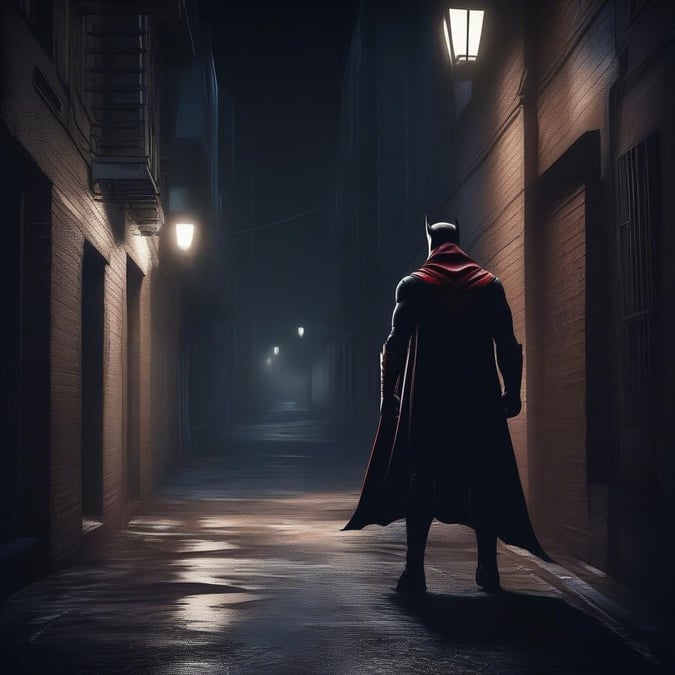 Ce fond d'écran époustouflant présente Batman debout dans une ruelle sombre, dégageant mystère et intrigue. Le contraste entre les lumières vives et l'environnement sombre crée un effet dramatique, rendant cette image parfaite pour les fans du Chevalier Noir.