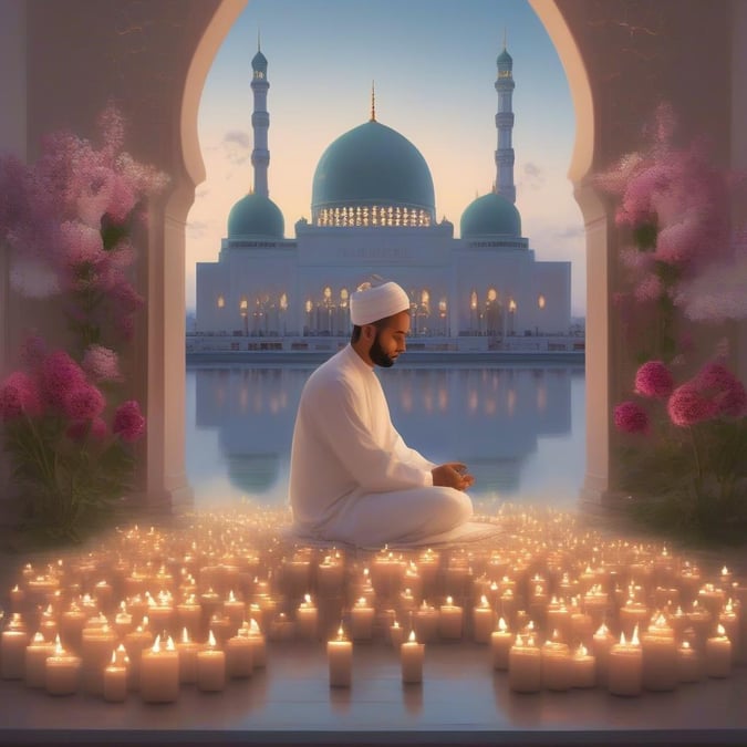 A serene scene set during Ramadan, capturing a peaceful moment with prayer and reflection.