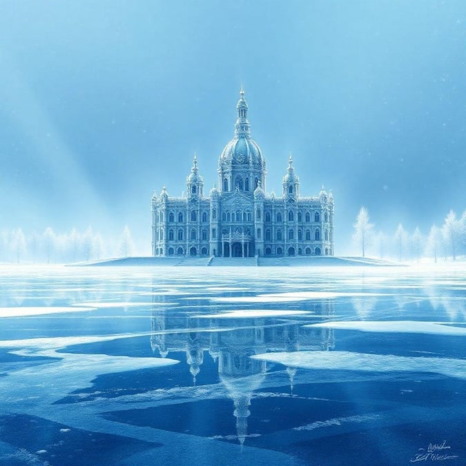 Escape to a world of serenity with this stunning wallpaper featuring a majestic building in the middle of a frozen lake.