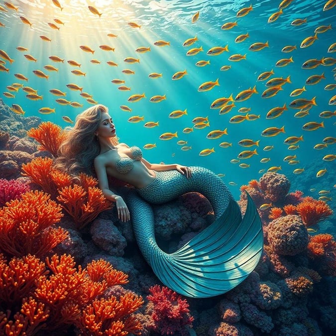 Dive into a world of fantasy with this stunning wallpaper featuring a beautiful mermaid in a vibrant underwater setting.