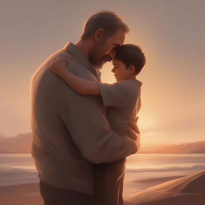 A heartfelt moment between father and son on the beach at sunset, celebrating Father's Day with a loving hug.