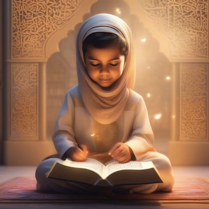 This image captures the heartwarming scene of a young child, dressed in traditional Islamic attire, engrossed in reading a copy of the Quran during Ramadan or Eid. The background is rich with Islamic motifs and patterns from mosques and holy sites, creating an atmosphere of spiritual dedication and devotion. This image could be used as a desktop wallpaper to inspire reflection and remembrance during the holy month of Ramadan or celebrations for Eid.