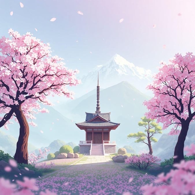 Diese ruhige Anime-Illustration zeigt einen kleinen Tempel mit einem hohen Turm, umgeben von Kirschblüten und nebligen Bergen. Der zentrale Fokus ist ein friedlicher Garten, der Natur und Technologie mit einem hohen Baum auf der linken Seite und einem kleineren Baum auf der rechten Seite verbindet.