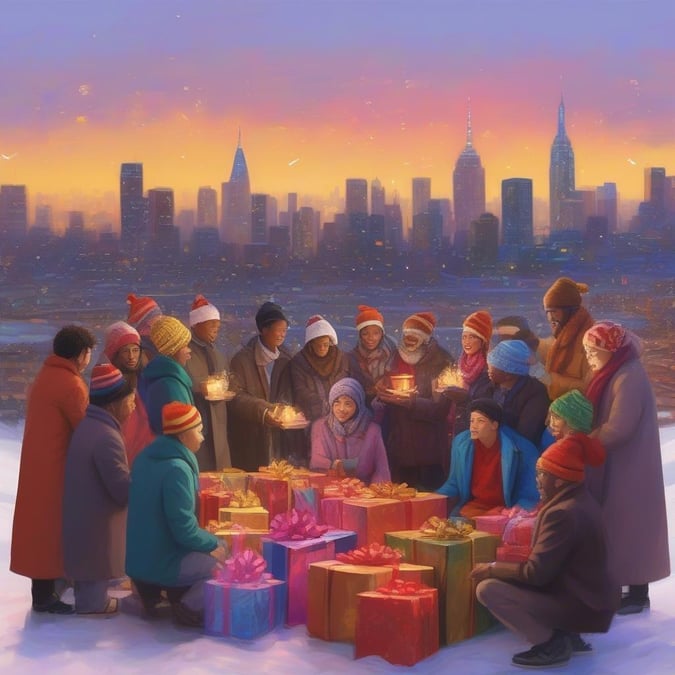 A group of diverse friends gathered in the snow, huddled around presents and candles to celebrate the new year with warmth and joy.