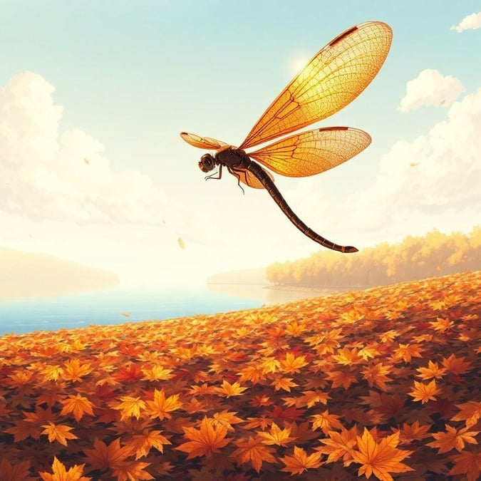 Diese Anime-Stil-Illustration fängt einen ruhigen Moment eines Libellenkriegers ein, der über einen ruhigen See gleitet, vor einem Hintergrund von herbstlichen Blättern in lebhaften Orangetönen, Gelb und Braun, mit einem sanften blauen Himmel in der Ferne.