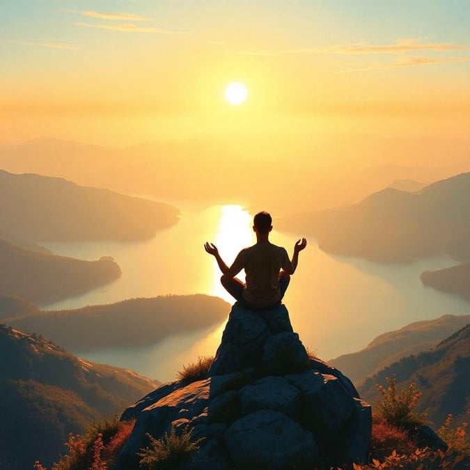 Embrace the dawn of the new year with tranquility, as a meditating figure overlooks a breathtaking landscape under the warm embrace of the rising sun.