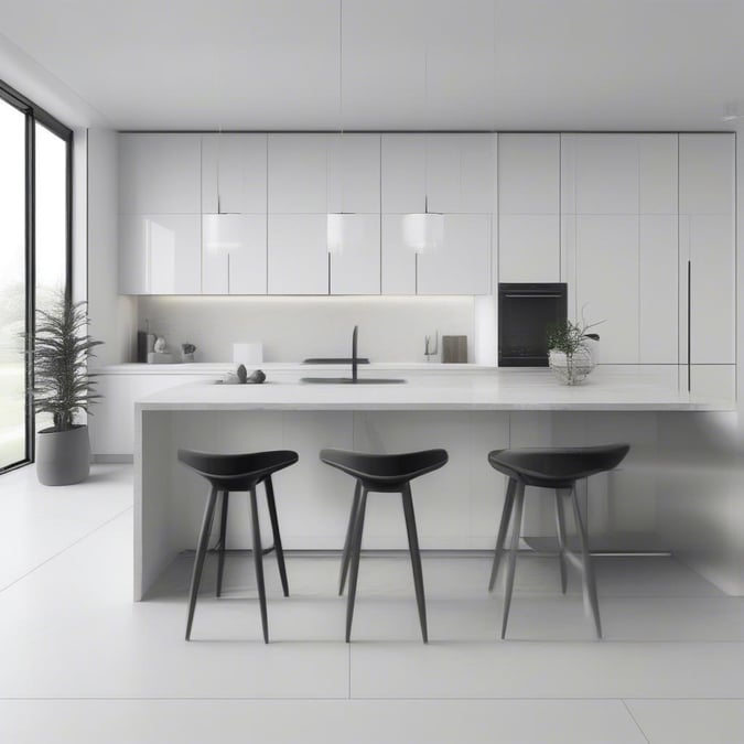 This modern kitchen is a culinary haven, featuring sleek white cabinets, a stylish island, and a touch of greenery.