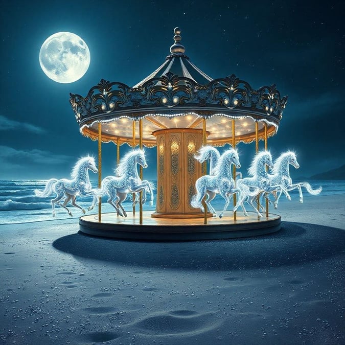 This fantasy carousel is a breathtaking wallpaper that transports you to a world of wonder and magic. The beautiful horses and the moon in the background create a sense of enchantment and fantasy.