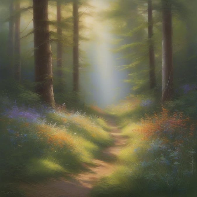 A peaceful forest scene with a winding dirt path and colorful wildflowers.