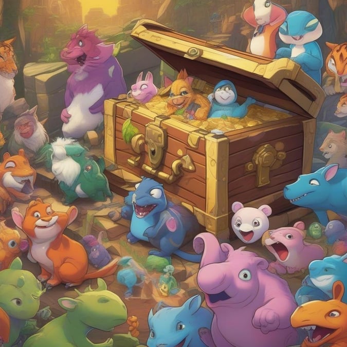 A whimsical scene featuring a bunch of adorable animals gathered around a treasure chest, ready for adventure!