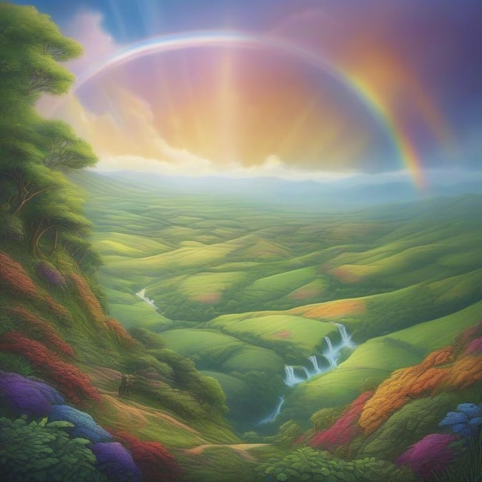 This beautiful rainbow landscape wallpaper is perfect for kids and cartoon lovers. The colorful rainbow stretches across the sky, creating a stunning backdrop for any room. The vibrant colors and whimsical design make it a great addition to any home or office.