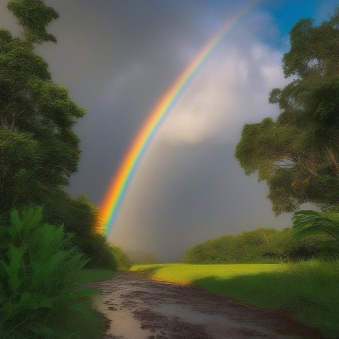 A serene scene with a majestic rainbow arching over a lush green forest, inviting hope and inspiration.